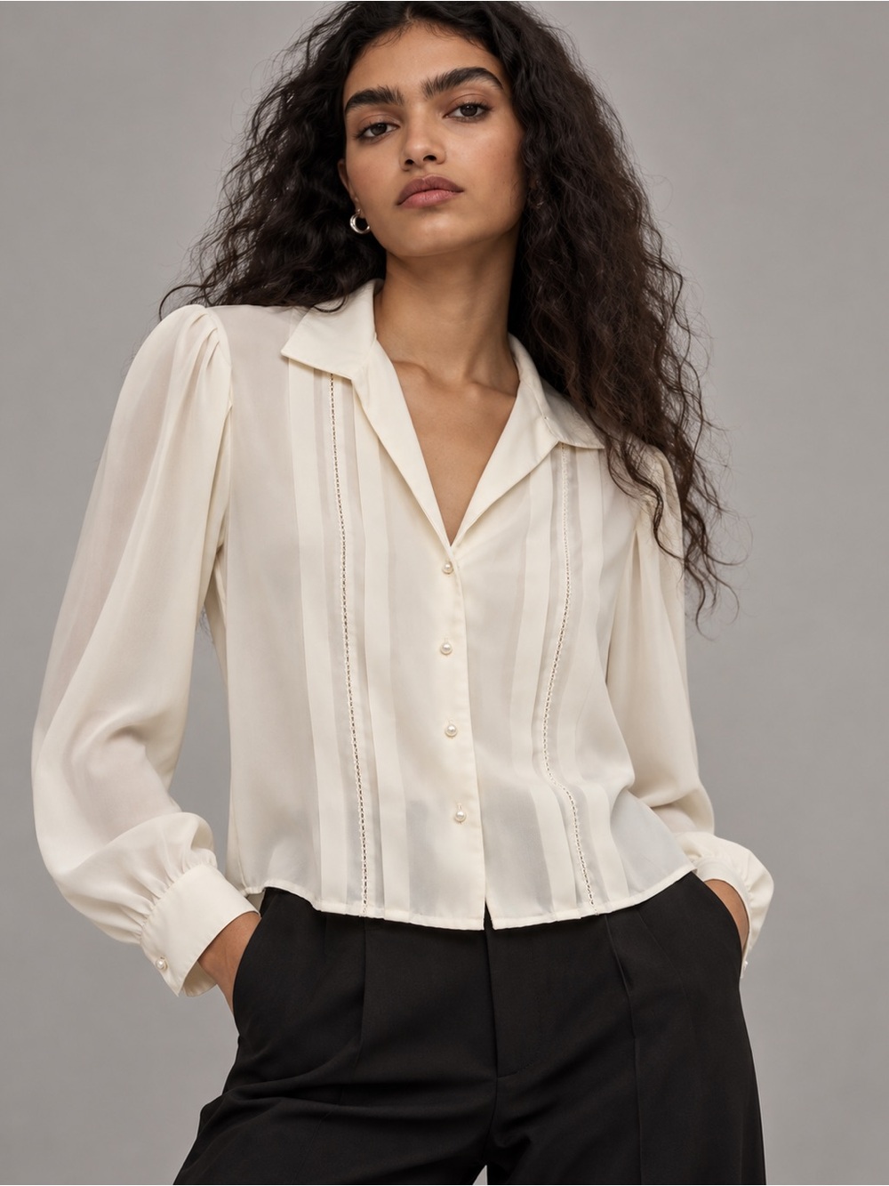Vintage 80s Chaus Petites Ivory Pintuck Lace Tuxedo Blouse 10P